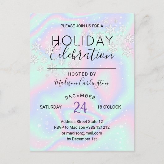 液体ホログラフィフェイクックテクスチャ雪の結晶ホリデー インビテーションポストカード (正面)