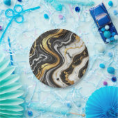 液体金ゴールド白黒マーブルルックグラム結婚ズ ペーパープレート (パーティー)