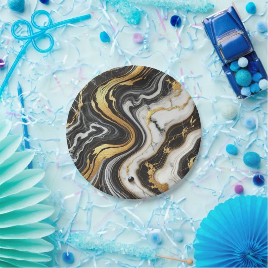 液体金ゴールド白黒マーブルルックグラム結婚ズ ペーパープレート (パーティー)