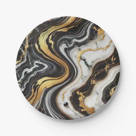 液体金ゴールド白黒マーブルルックグラム結婚ズ ペーパープレート (正面)