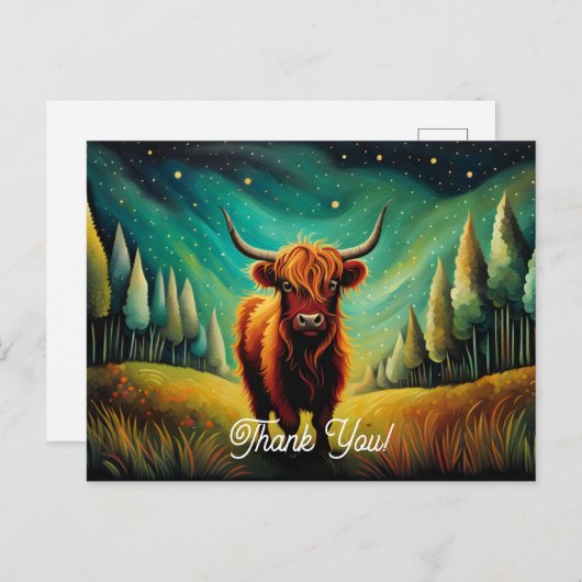 涼しいハイランド・カウの森の牧場　ありがとう ポストカード (正面/裏面)