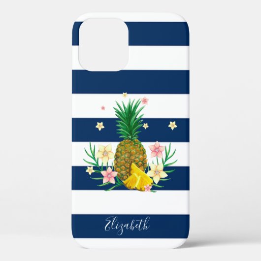 涼しいパイナップル花柄 ネイビーブルーストライプ Case-Mate iPhoneケース (裏面)