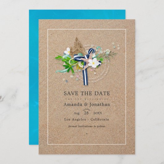 涼しい夏のビーチウェディングフォト セーブザデート (正面/裏面)