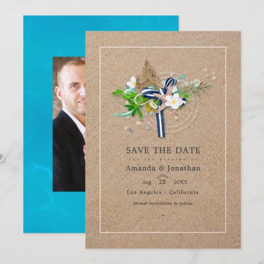 涼しい夏のビーチウェディング写真 セーブザデート (正面/裏面)