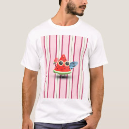 涼しげなスイカのキャラクターストライプの夏のアート Tシャツ