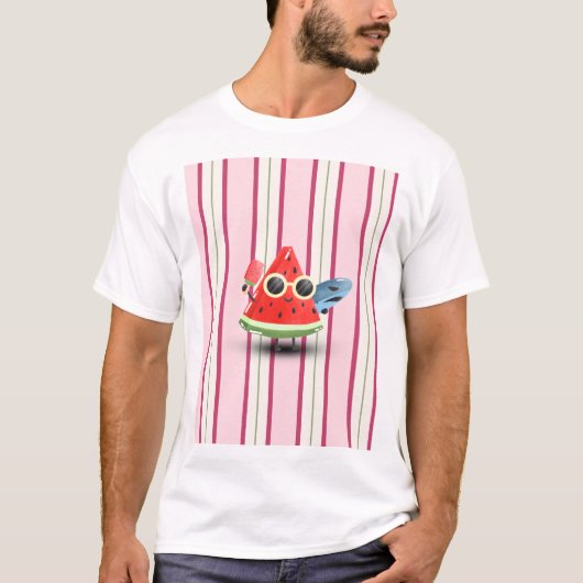 涼しげなスイカのキャラクターストライプの夏のアート Tシャツ (正面)