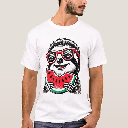 涼しげなナマケモノのスイカ食べ Tシャツ (正面)