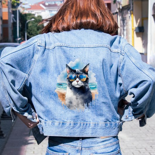 涼しげな水彩画の夏の猫 デニムジャケット