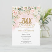 淡いエレガントピンクのバラグリーン金ゴールド50th誕生日 招待状 (スタンド正面)