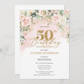 淡いエレガントピンクのバラグリーン金ゴールド50th誕生日 招待状 (正面/裏面)