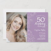 淡いエレガント紫のフローラ写真50誕生日 招待状 (正面)