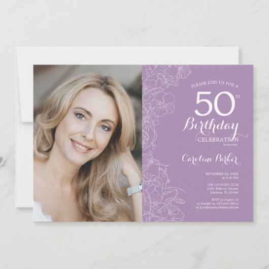 淡いエレガント紫のフローラ写真50誕生日 招待状 (正面)