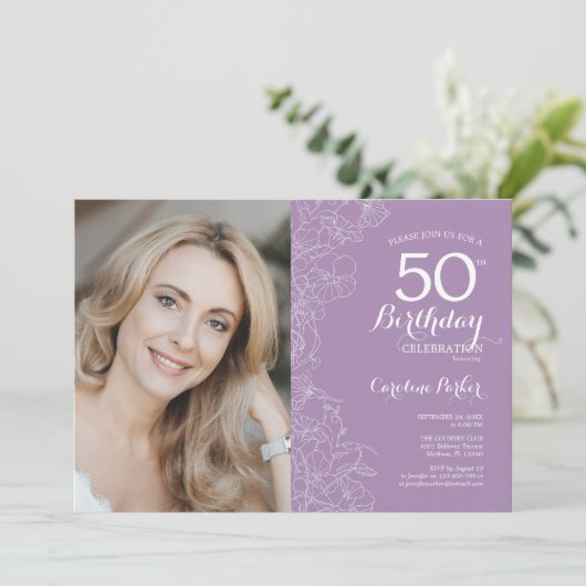 淡いエレガント紫のフローラ写真50誕生日 招待状 (スタンド正面)