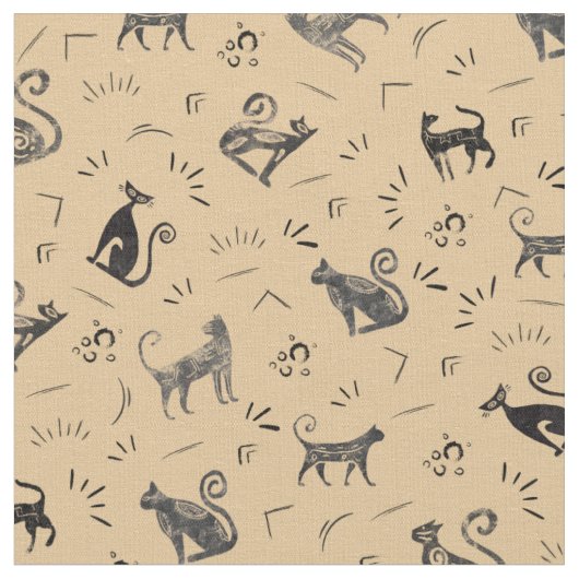 淡いオレンジの洞窟壁画の猫 ファブリック (クローズアップ)