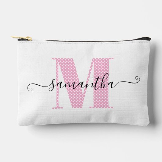 淡いガーリーピンクと白の水玉模様モノグラム アクセサリーポーチ (正面)