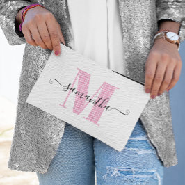 淡いガーリーピンクと白の水玉模様モノグラム アクセサリーポーチ