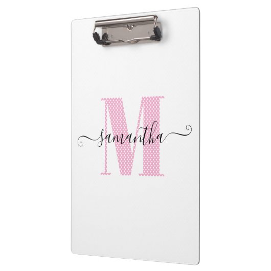 淡いガーリーピンクと白の水玉模様モノグラム クリップボード (左)