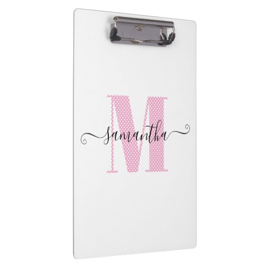 淡いガーリーピンクと白の水玉模様モノグラム クリップボード (右)