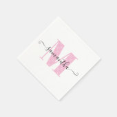 淡いガーリーピンクと白の水玉模様モノグラム スタンダードカクテルナプキン (角)