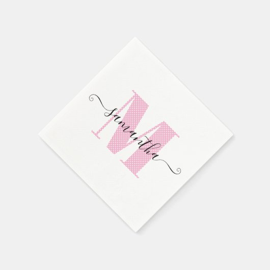 淡いガーリーピンクと白の水玉模様モノグラム スタンダードカクテルナプキン (角)