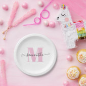 淡いガーリーピンクと白の水玉模様モノグラム ペーパープレート (パーティー)