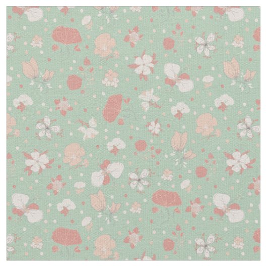 淡いグリーンの花のスケッチ ファブリック (クローズアップ)