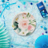 淡いコーラルピンクの水彩花模様のペーチ色のエレガント ペーパープレート (パーティー)