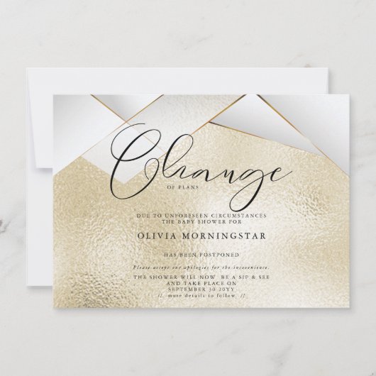 淡いシャンパンゴールドのパールファセット延期シャワー 招待状 (正面)