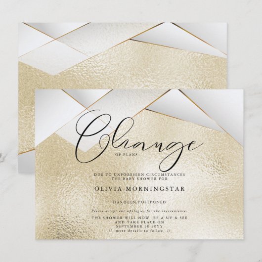 淡いシャンパンゴールドのパールファセット 延期シャワー 招待状 (正面/裏面)