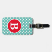 淡いティール(緑がかった色)と白い水玉模様と赤いモノグラム ラゲッジタグ (正面横)