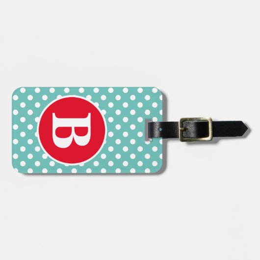 淡いティール(緑がかった色)と白い水玉模様と赤いモノグラム ラゲッジタグ (正面横)