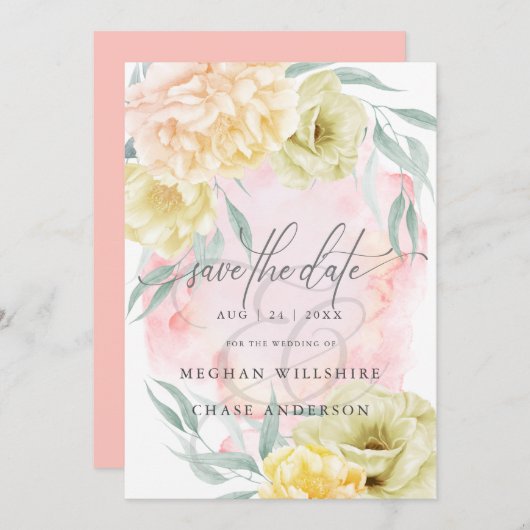 淡いバラ色のコーラルアイボリーピオニー花 招待状 (正面/裏面)