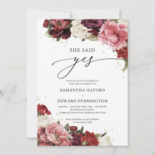 淡いバーガンディとマーブルの花 牡丹 彼女はイエスと言った 招待状 (正面)