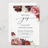 淡いバーガンディとマーブルの花 牡丹 彼女はイエスと言った 招待状 (正面/裏面)