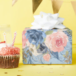 淡いパステル フラワー ソフト ブラッシュ ピンク&ラベンダー ラッピングペーパー