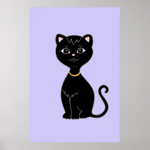 淡いパープルブルーの背景の可愛い黒猫 ポスター