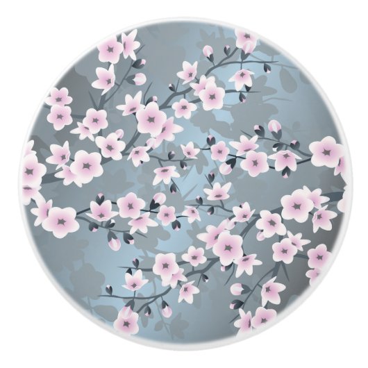 淡いピンクがかった灰青色の桜の花の花 セラミックノブ (正面)