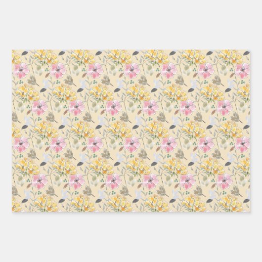 淡いピンクとイエローとグリーンの春の花が咲き誇るウェディング ラッピングペーパーシート (正面3)