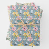 淡いピンクとイエローとグリーンの春の花が咲き誇るウェディング ラッピングペーパーシート (インサイチュ)