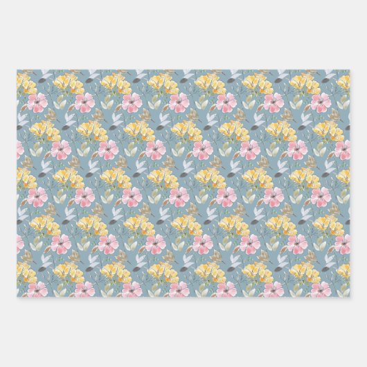 淡いピンクとイエローとグリーンの春の花が咲き誇るウェディング ラッピングペーパーシート (正面)