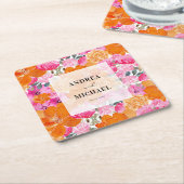 淡いピンクとオレンジの花の夏の結婚式 スクエアペーパーコースター (アングル)