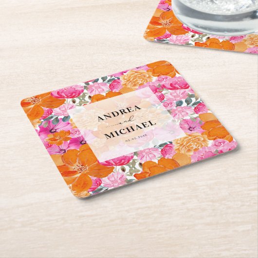 淡いピンクとオレンジの花の夏の結婚式 スクエアペーパーコースター (アングル)