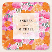 淡いピンクとオレンジの花の夏の結婚式 スクエアペーパーコースター (正面)