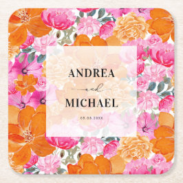淡いピンクとオレンジの花の夏の結婚式 スクエアペーパーコースター