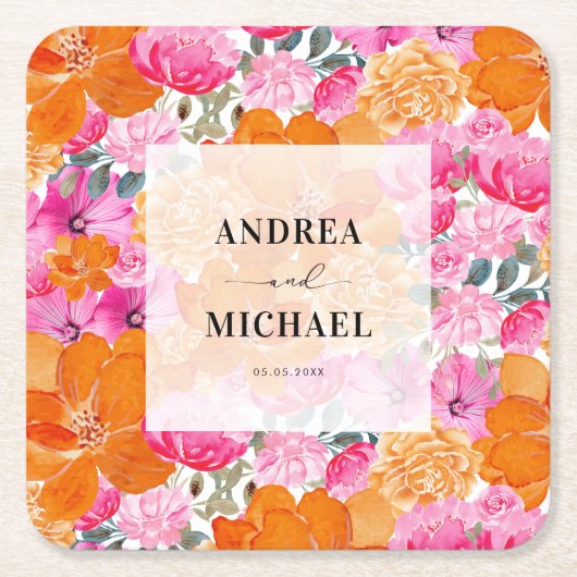 淡いピンクとオレンジの花の夏の結婚式 スクエアペーパーコースター (正面)