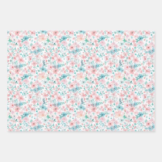 淡いピンクとティール（緑がかった色）水彩花模様 ラッピングペーパーシート (正面3)