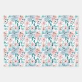 淡いピンクとティール(緑がかった色)水彩花模様 ラッピングペーパーシート (正面2)