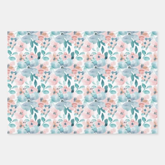 淡いピンクとティール（緑がかった色）水彩花模様 ラッピングペーパーシート (正面2)