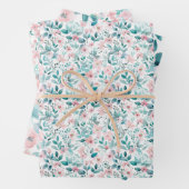 淡いピンクとティール（緑がかった色）水彩花模様 ラッピングペーパーシート (インサイチュ)