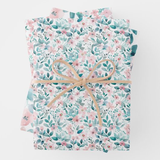 淡いピンクとティール(緑がかった色)水彩花模様 ラッピングペーパーシート (インサイチュ)